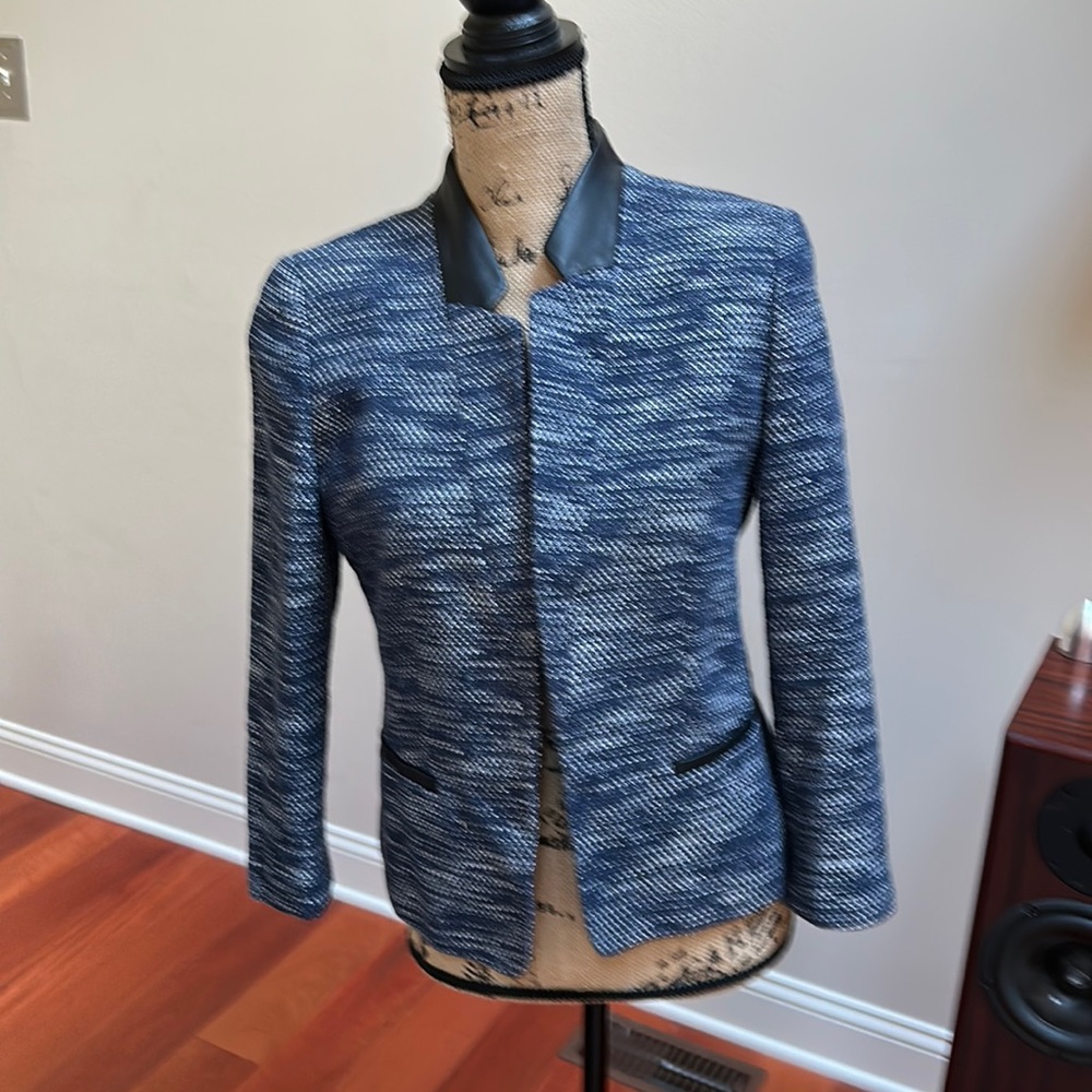 tweed blazer with faux leather collar